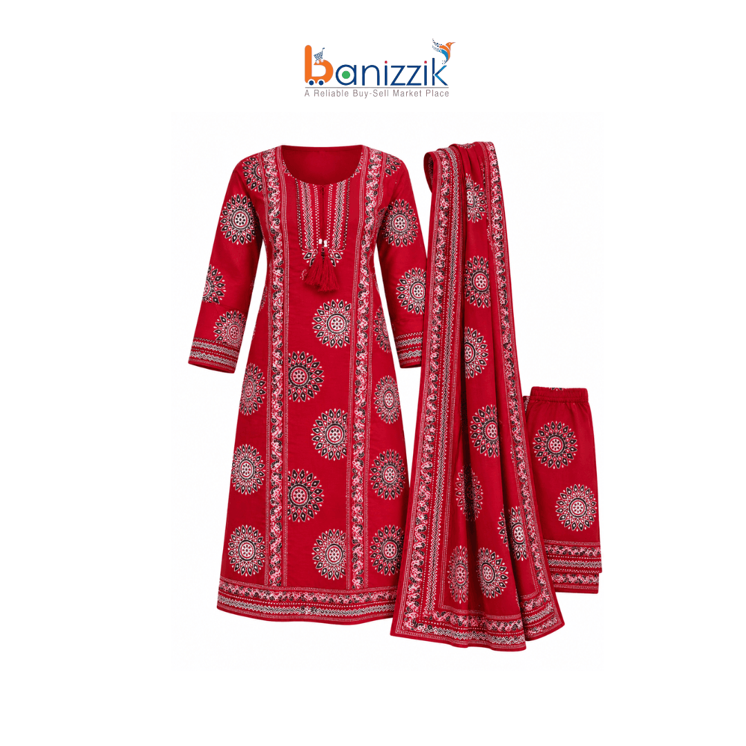 Pure Cotton New Designed Screen Print Fashionable Three-Piece