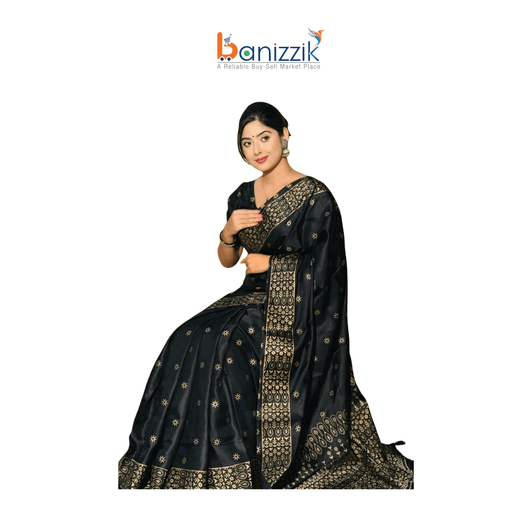 Exclusive Designer Screen Print Japani Silk Saree with Blouse for Women – Black