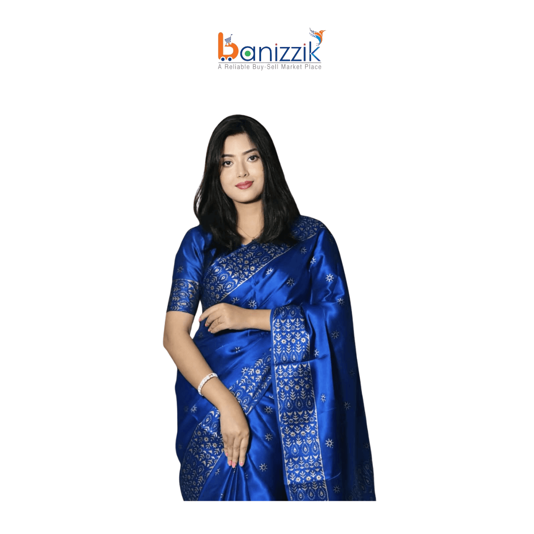 Classy Closet Exclusive Designer Screen Print Japani Silk Saree with Blouse for Women – Blue