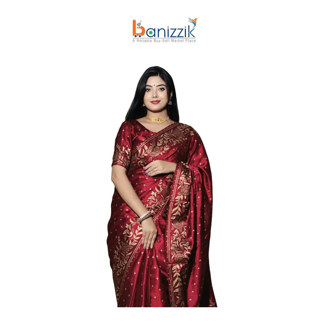 Women's Screen Print Silk Saree with Blouse Piece - Maroon