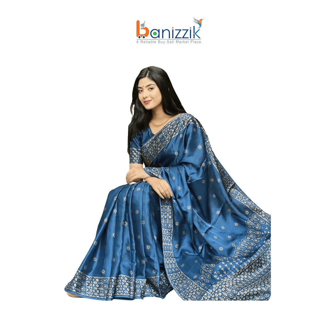 Japani Silk Saree with Blouse Piece for Women - Deep Teal Blue