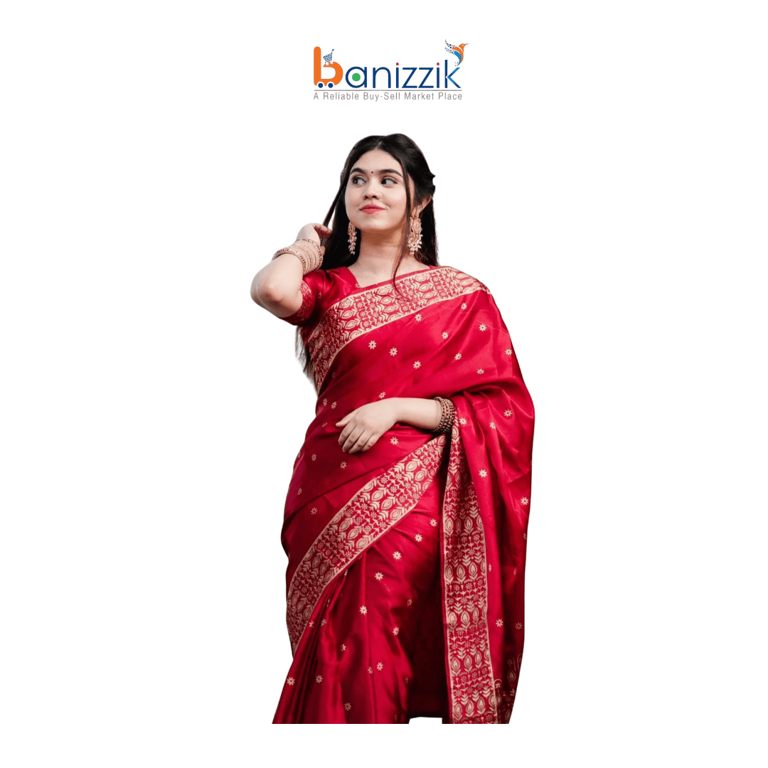 Exclusive Designer Screen Print Japani Silk Saree with Blouse for Women - Deep Red