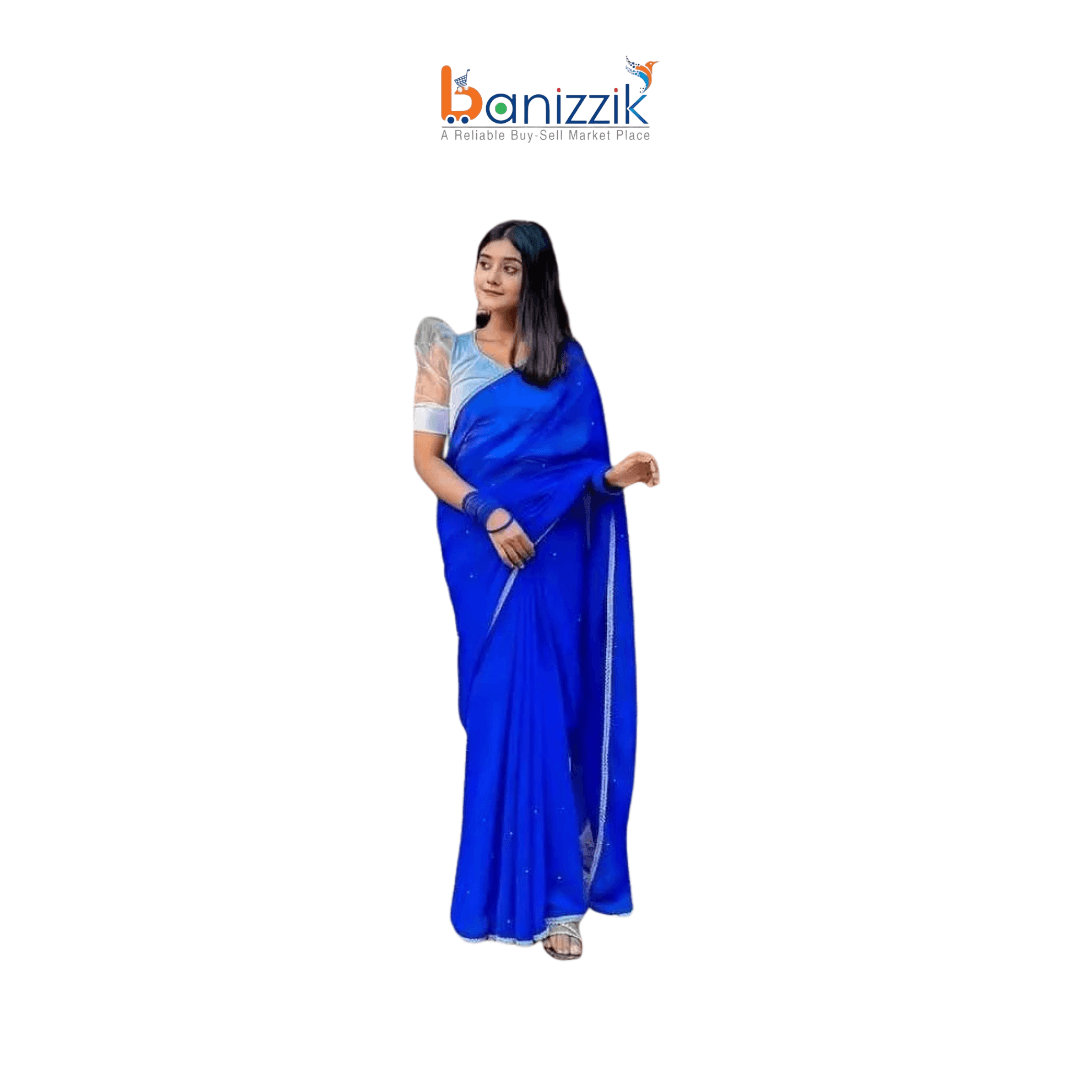 Royal Blue Georgette Saree with Heavy Stone Work and Blouse Piece for Women