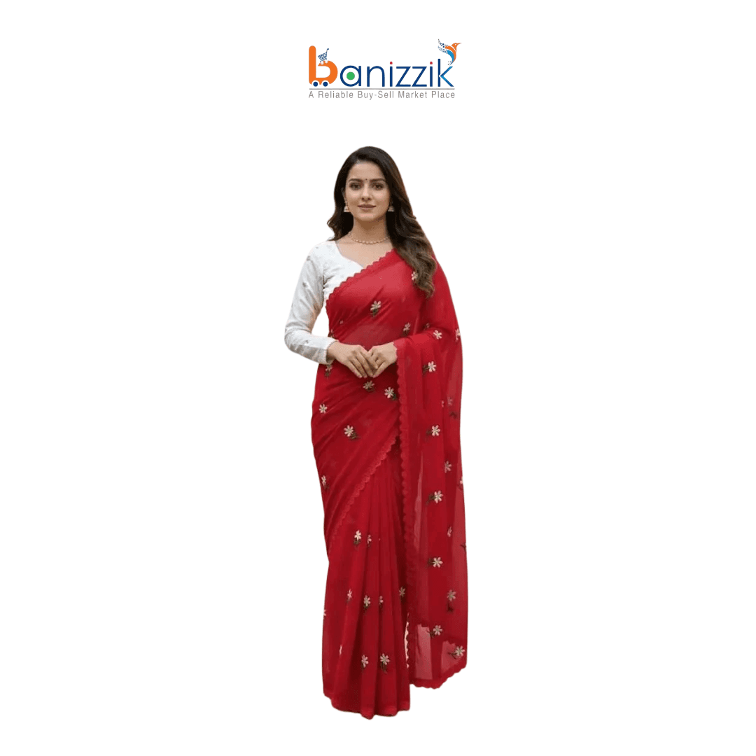 Georgette High-Quality Stylish Saree for Women – Bright Red