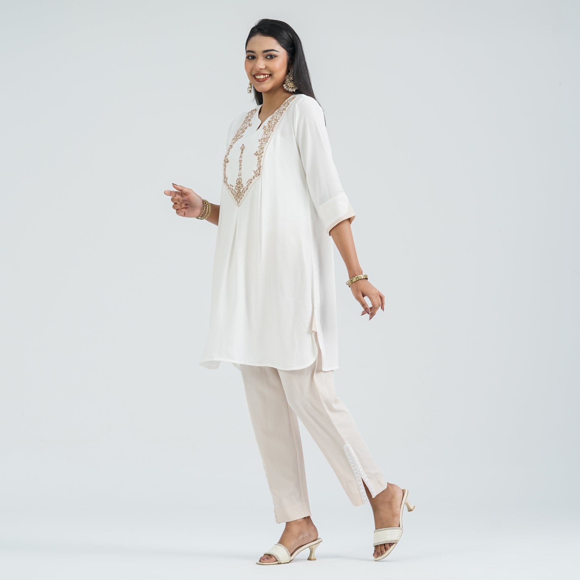 Women Off White Cotton Two Piece Set view 2